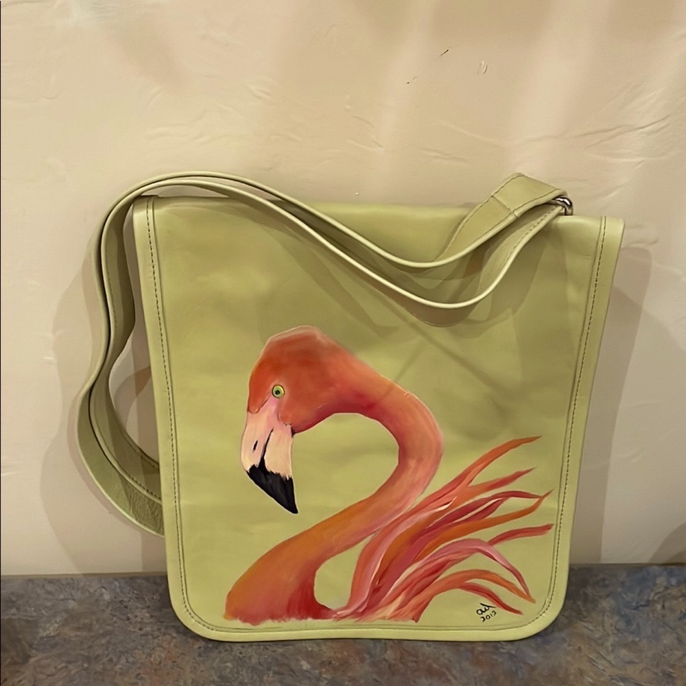 Light Chartreuse Leather Shoulder/Crossover Bag with Hand Painted Art